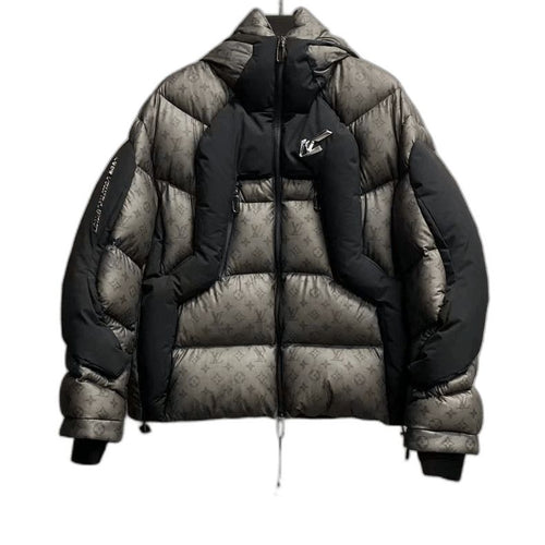 Louis Vuitton grey combined warm fluffy hooded down jacket