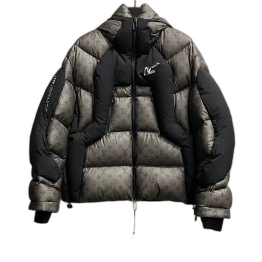 Louis Vuitton grey combined warm fluffy hooded down jacket